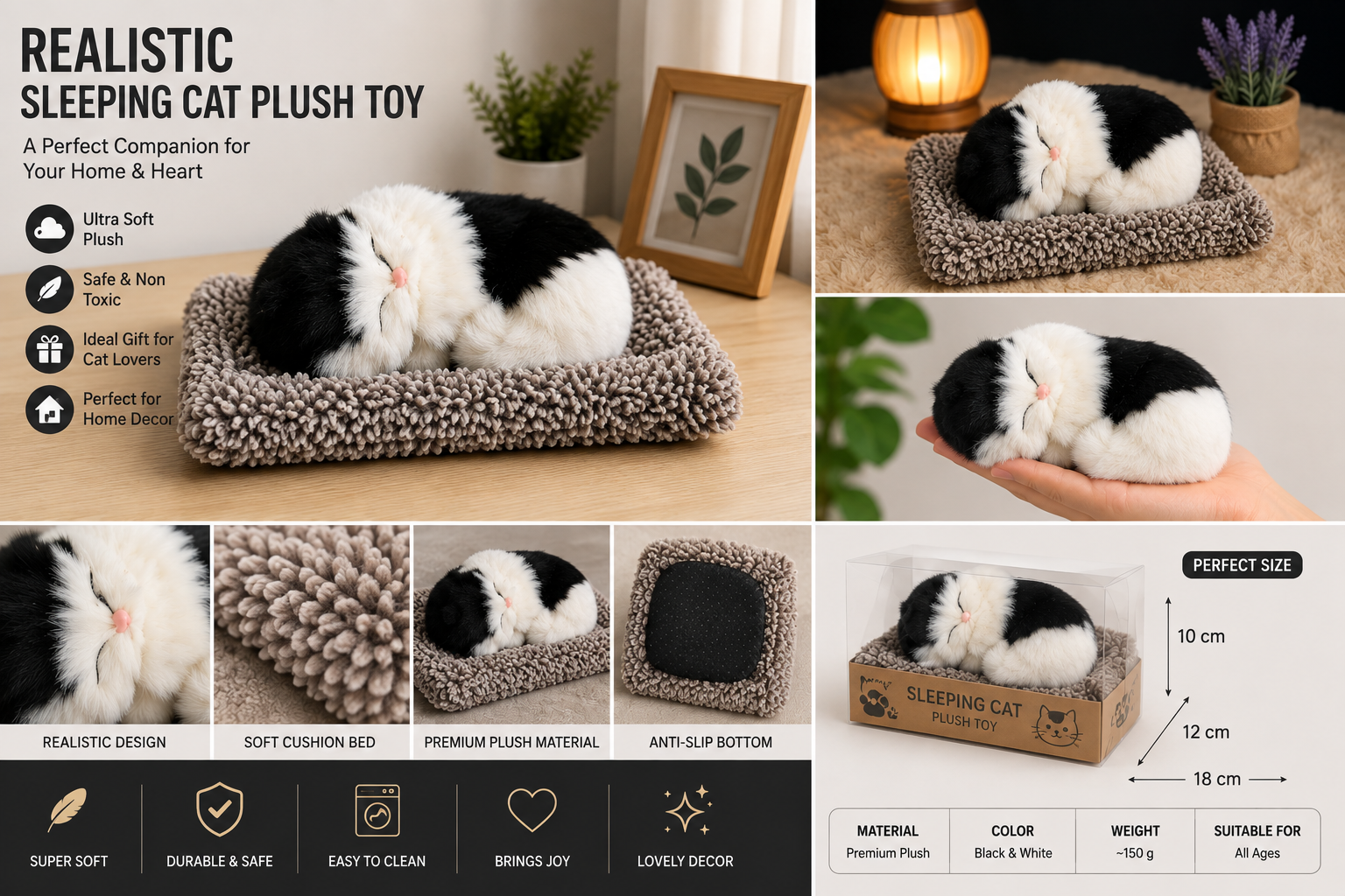 Luxury Plush Sleeping Cat Toy – Soft Realistic Decorative Plush