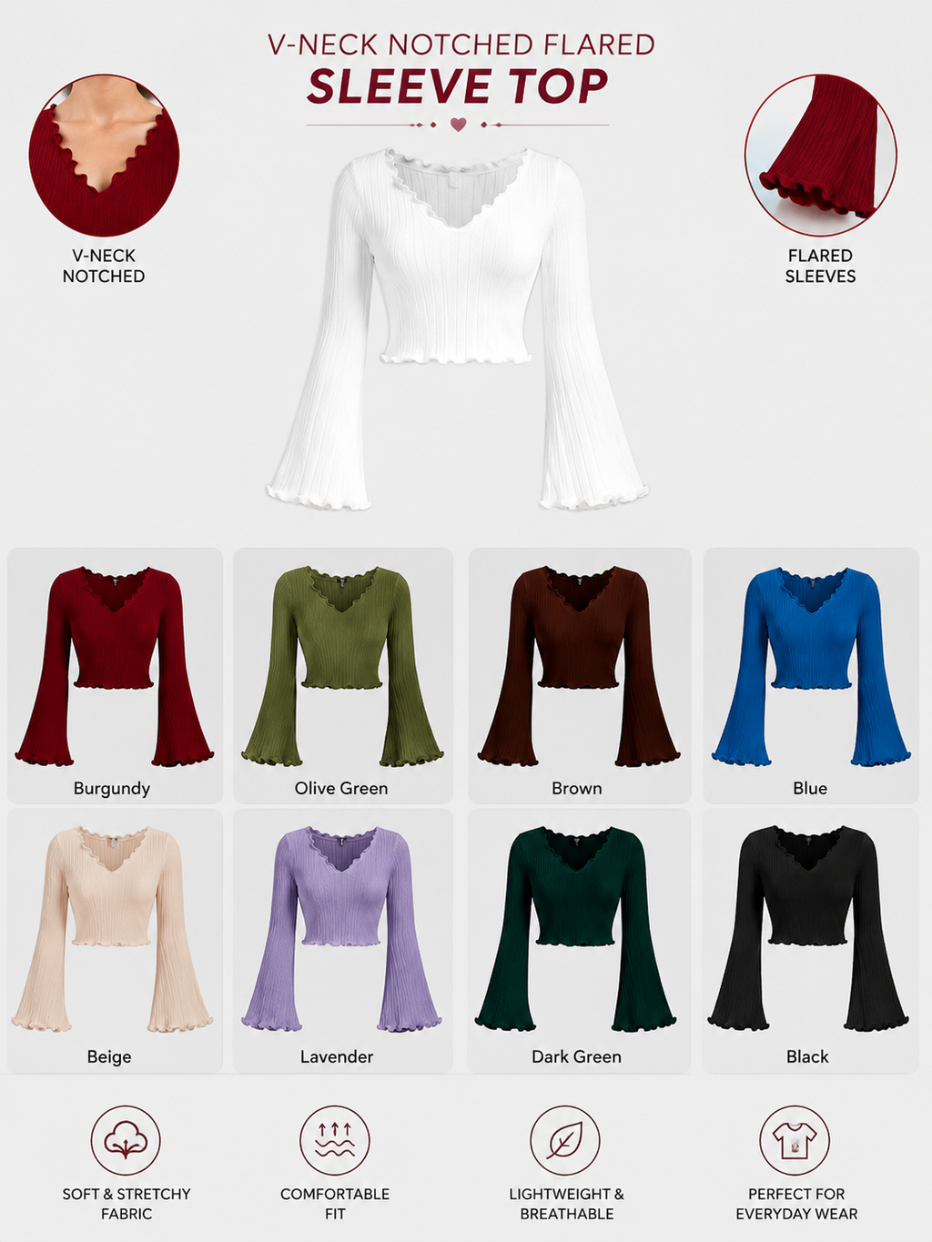 V-NECK NOTCHED
FLARED SLEEVE TOP